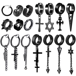 Punk Boucles d'Oreilles Clips Noires en Acier Inoxydable Hommes Sans Perçage Croix Hexagramme Étoile Plume Chaîne Gothique