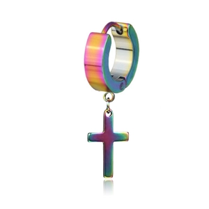 Close-up of rainbow iridescent stainless steel hoop earring with hanging cross pendant
