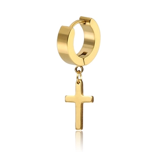 Detailed close-up of a polished gold stainless steel hoop earring with cross pendant