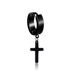 Polished black stainless steel hoop earrings with hanging cross charm for men and women