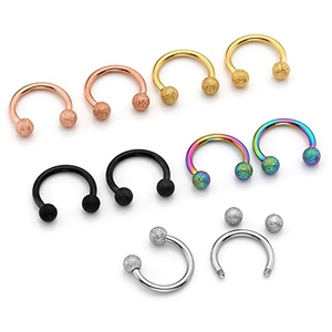 Set aus Hufeisen-Septumringen aus Edelstahl mit mattierten Glitzerkugeln in 5 Farben