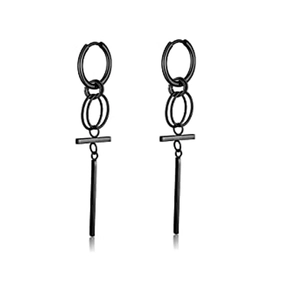 Minimalist black multi-ring tiered drop earrings with matte metal finish on white base