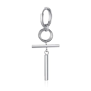 Minimalist silver geometric dangle drop earrings featuring a sleek metallic bar design