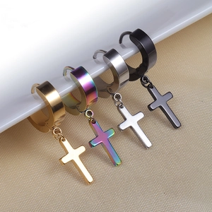 Stainless Steel Cross Hoop Earrings Punk Hip Hop Hinged Drop Earrings For Men Women Fashion Jewelry Black Gold Silver Rainbow
