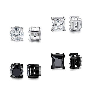 Square and round cubic zirconia magnetic stud earrings set for non-pierced ears in steel