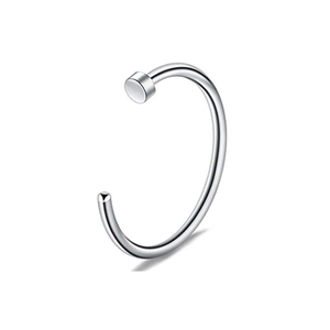 Polished silver stainless steel C-shaped nose ring with flat round stopper end