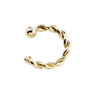 Polished gold stainless steel twisted C-ring piercing with a small bead on white background
