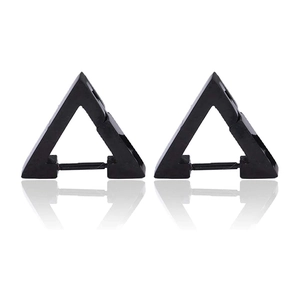 Matte black geometric triangle hoop earrings for men and women with mirror reflection