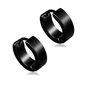 Close-up of black matte stainless steel wide huggie hoop earrings on white background