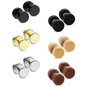 Set di 6 paia di orecchini a bottone punk in legno, nero, oro e argento lucido