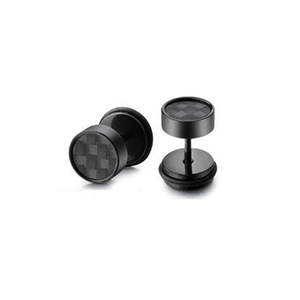 Men's black matte barbell earrings with checkered pattern in durable stainless steel