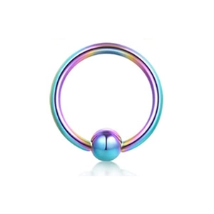 Macro view of a colorful rainbow stainless steel captive bead ring for nose and lip piercing