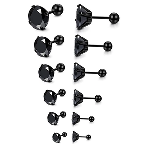 Detailset aus sechs Paaren schwarzer Zirkonia-Ohrstecker mit Schraubverschluss aus Stahl