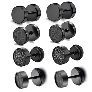 Titanium Steel Black Barbell Dumbbell Stud Earrings Frosted Smooth Checkered Texture Round Plate Screw Back Men Punk Jewelry