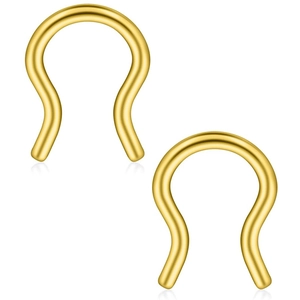 Polished 316L stainless steel gold U-shaped nose rings and earrings set on white background