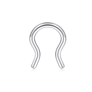 Detailed view of U-shaped 316L stainless steel nose ring with high-polished silver finish