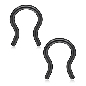 Pair of black 316L stainless steel U-shaped ear hangers on white background