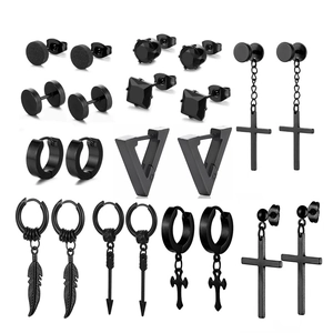 Zwarte Roestvrijstalen Creolen Oorknopjes Voor Heren Dames Punk Gotisch Kruis Veer Spike Geometrische Titanium Stalen Sieraden