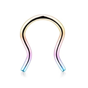 Macro detail of U-shaped stainless steel nose ring with a colorful rainbow gradient finish
