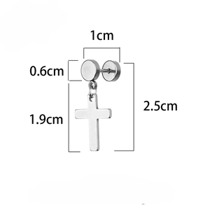 Schema tecnico dettagliato con dimensioni dell'orecchino a croce da 2,5 cm in acciaio