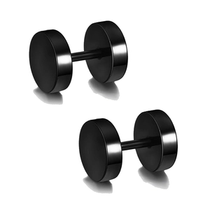 Lot de deux paires de boucles d'oreilles haltères en acier inoxydable noir poli et chic
