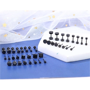 Set aus schwarzen Edelstahl-Ohrsteckern mit Hantel- und Kristalldesign für Damen und Herren