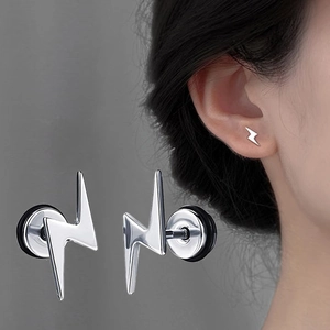 Fashion Lightning Symbol Stainless Steel Stud Earrings For Men Women Punk Street Style Jewelry Black Silver Gold Color