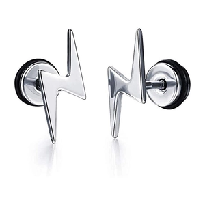 Polished lightning bolt stud earrings in silver stainless steel with black rubber rings