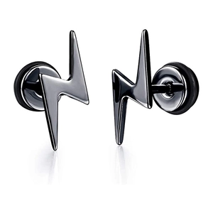 Fashionable lightning bolt stud earrings in gun black titanium steel for men's ear piercing