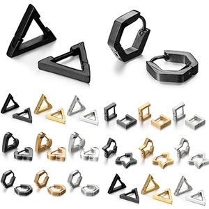 Boucles d'Oreilles Créoles Géométriques en Acier Titane Minimaliste Triangle Cœur Étoile Hexagone Rectangle Carré Bijoux