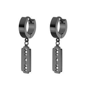 Detailed view of black matte blade-shaped pendant earrings with stainless steel hoop