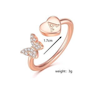Anello in oro rosa con cuore e farfalla, iniziale A e zirconi bianchi per donna, 1,7cm