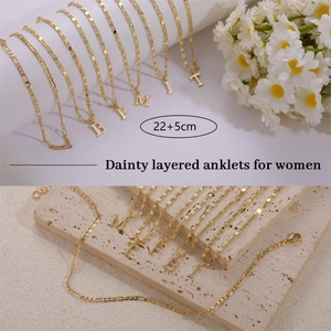 Dainty gold layered anklets set with initial letter charms and Figaro chains, 22+5cm size
