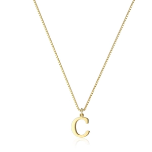 Macro detail of gold plated box chain and polished letter C pendant on white background