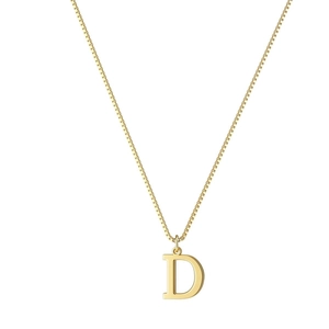 Detailed view of gold plated initial D pendant on a classic box chain necklace for women