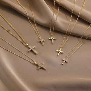 18k Gold Plated Copper Cross Pendant Necklace For Women Elegant Zirconia Inlaid Infinity Flower Religious Jewelry Gift