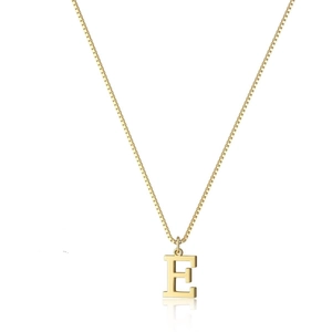Detail shot of a gold-plated letter E pendant featuring a minimalist box chain design