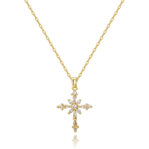 Exquisite gold plated cross necklace with zircon floral pendant and crystal stones