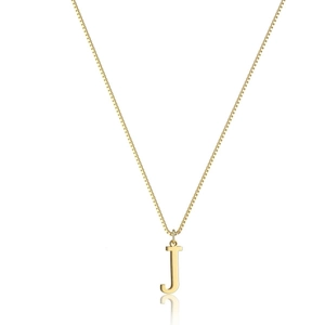 Macro view of gold-plated capital letter J pendant on a refined box chain with reflection
