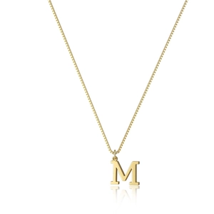 Detailed view of a gold-plated box chain necklace featuring a serif letter M pendant