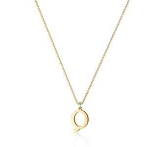 Macro detail of gold plated letter q pendant on box chain with minimalist finish