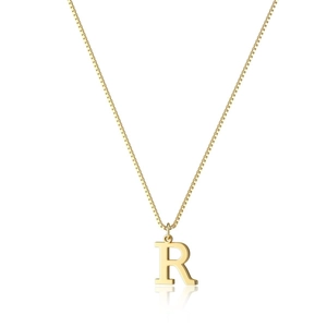 Close-up of a gold-plated necklace with a polished capital letter R pendant and box chain