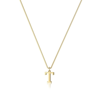 Detailed close-up of a gold-plated box chain necklace with a capital letter T pendant