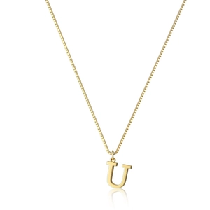 Detailed macro view of a polished gold letter U pendant on a fine box chain necklace