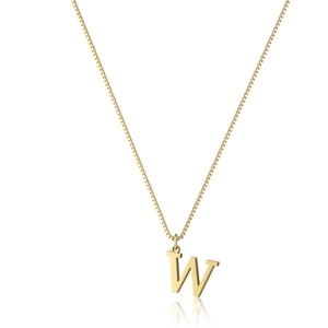 Macro shot of polished gold-plated letter W pendant on a matching box chain necklace