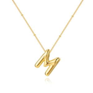 Minimalist gold-plated bubble letter M pendant necklace with elegant satellite chain