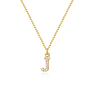 Macro detail of 14k gold plated box chain and sparkling zircon letter J pendant