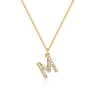 Macro shot of gold-plated box chain necklace with a zircon-encrusted letter M pendant