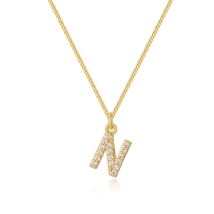 Detailed close-up of 14k gold plated box chain necklace with zircon paved letter N pendant