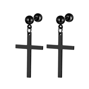 Detail of matte black cross earrings with ball stud and screw back closure